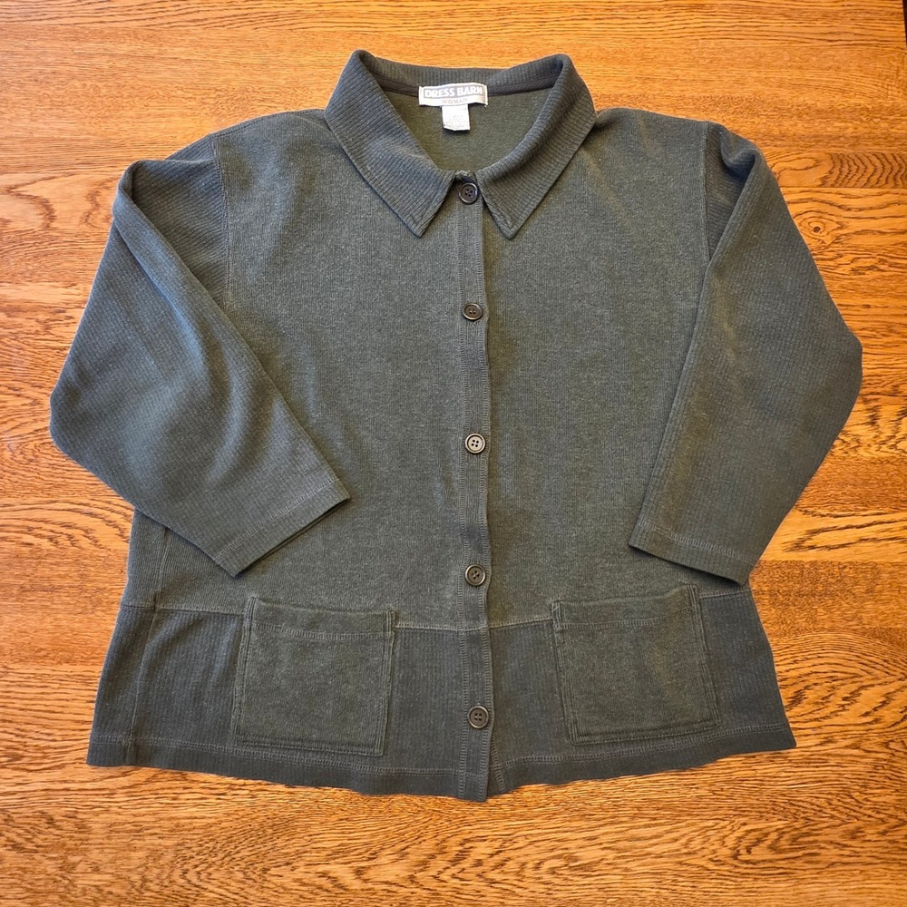 Vintage Dress Barn Women's L 14/16 Button Front Collared Knit Cardigan Top Green